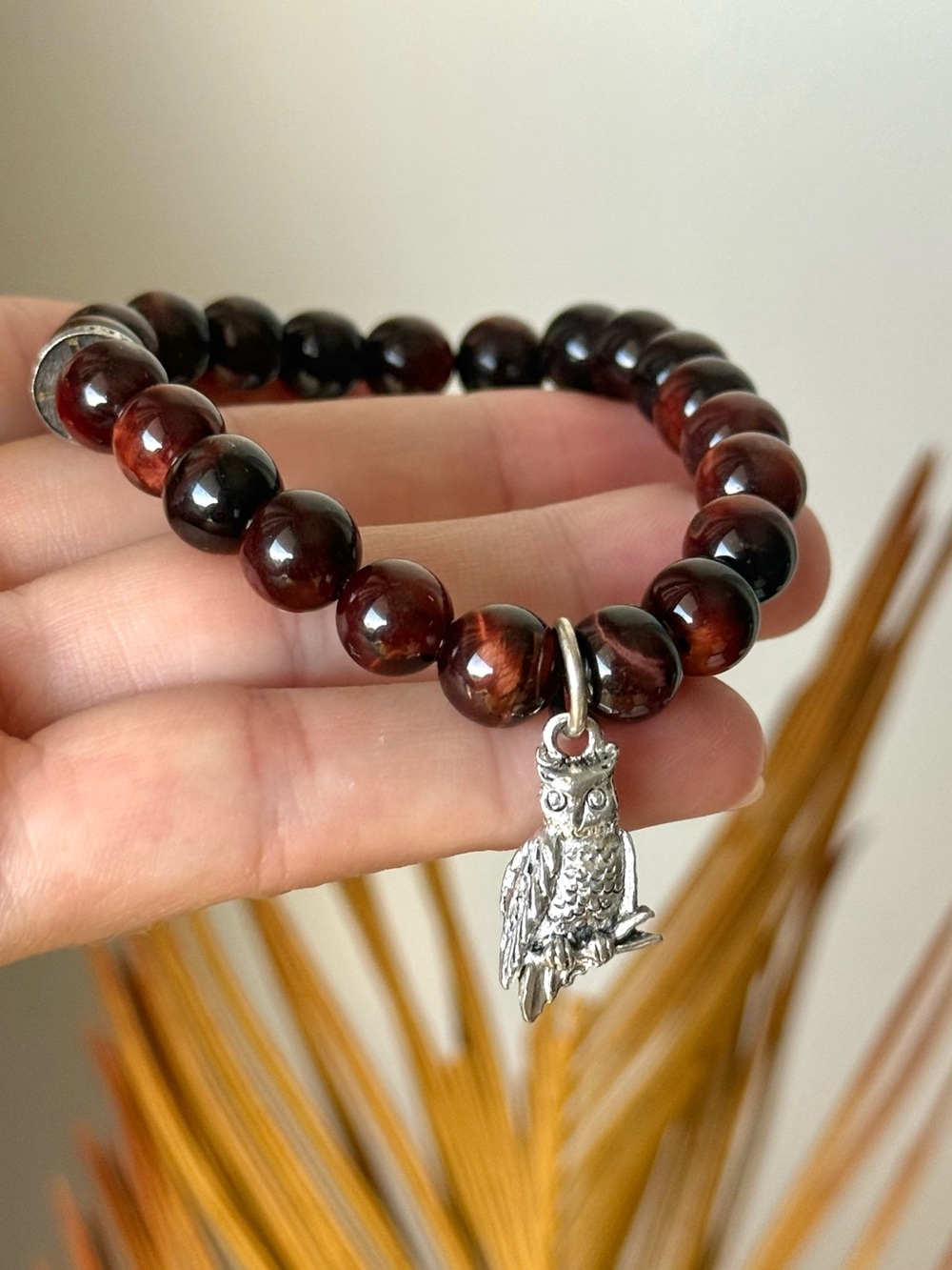 Owl Charm Tiger’s Eye Gemstone Bracelet